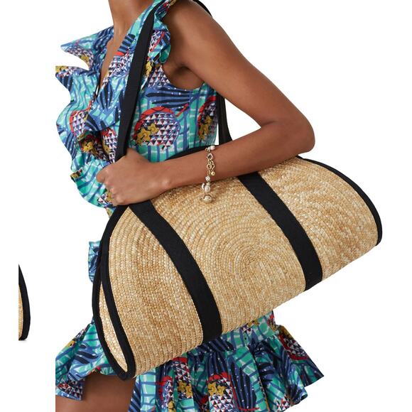 Eugenia Kim Tote Natural Rio Bag Large Straw Black Lined Beach Woven Crescent - Picture 1 of 8